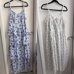 Lot of 2 XL Floral Blue and White Dresses Ruffle Tiered Maxi Smocked Basque Midi